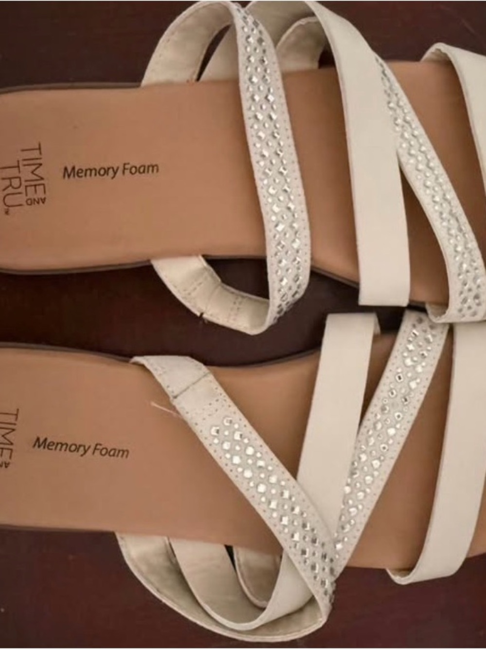 Time and Tru Ivory Rhinestone Strappy Memory Foam Sandals